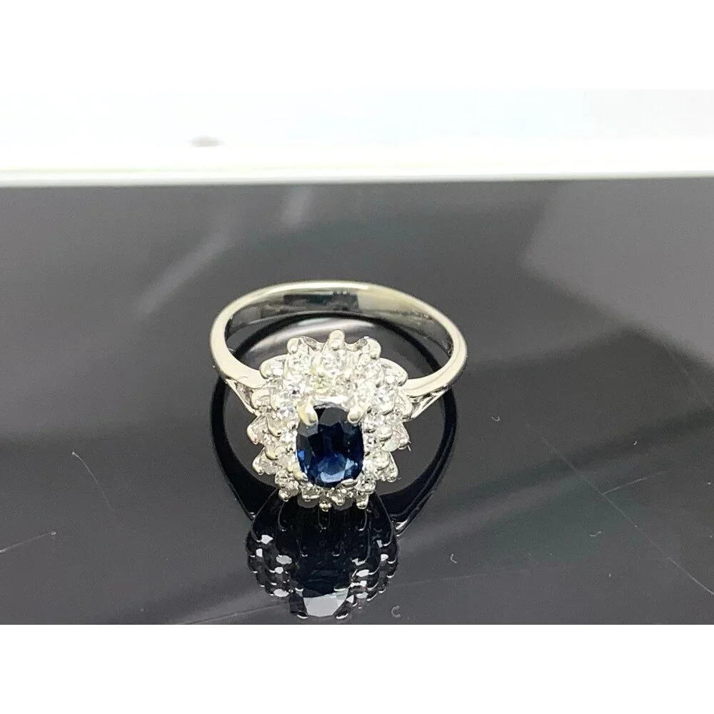 Blue Gemstone Diamond Cocktail Ring 14k White Gold Estate Women's Size 4.75